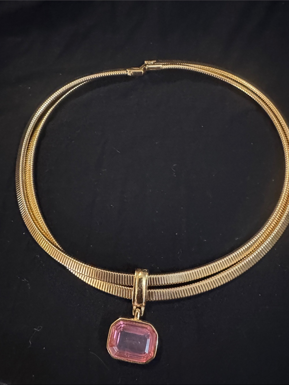 Gold-Tone Double Omega Necklace with Pink Gem Pendant - Women's Jewelry